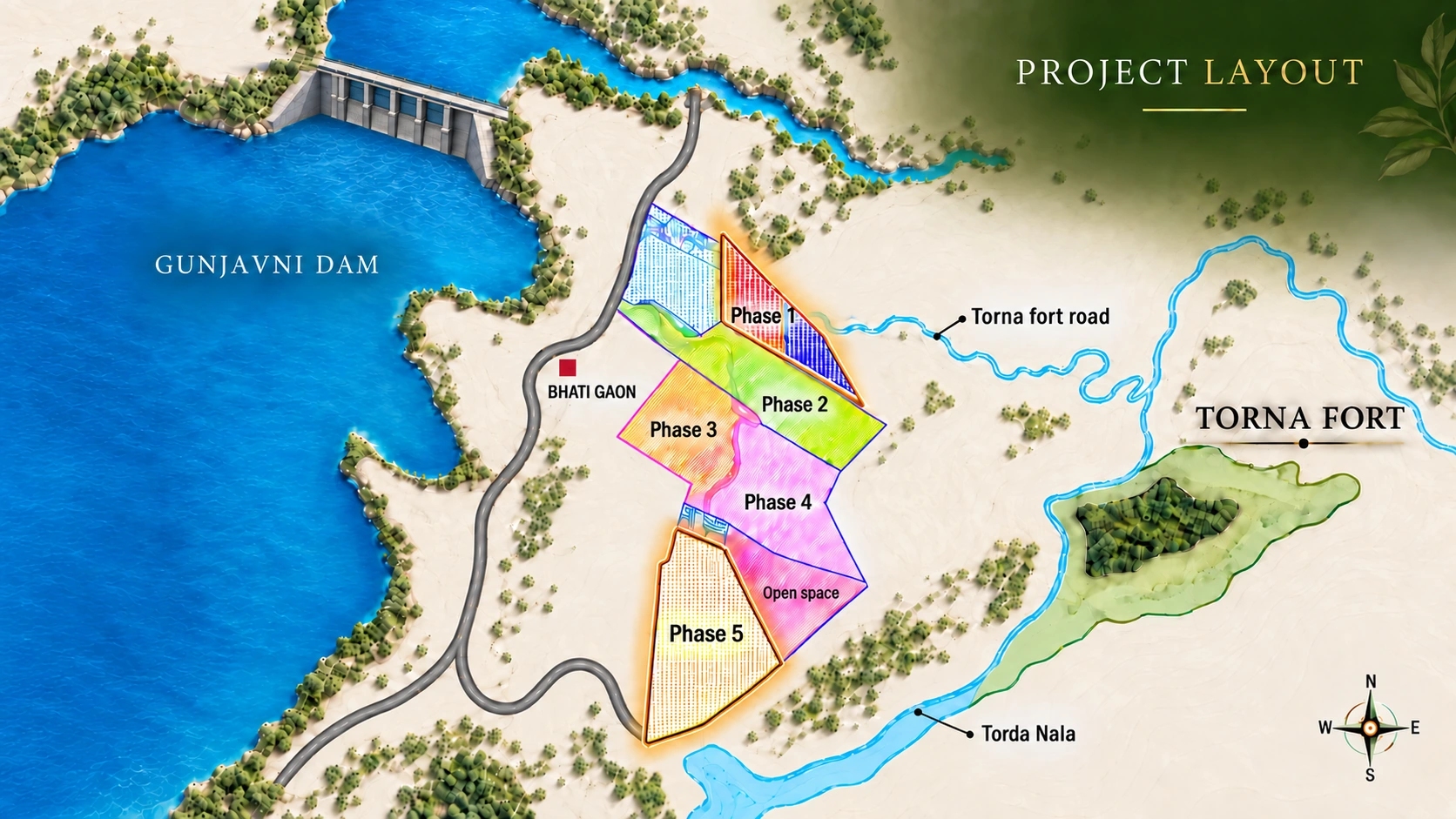 Full project layout showing land phases, Gunjawani Dam and Torna Fort