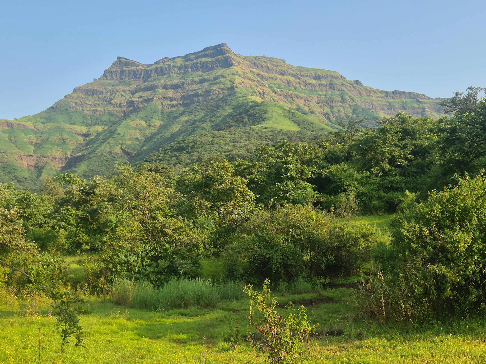 Torna Fort's mountain ridge above green vegetation and open land
